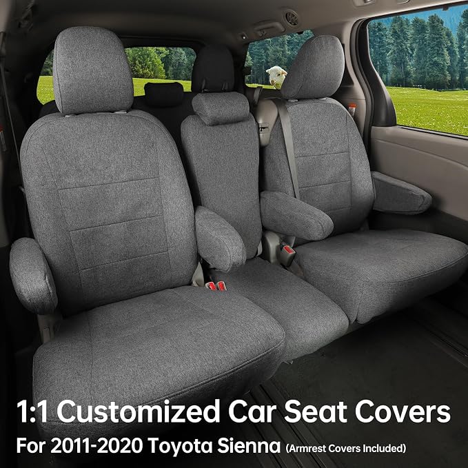 Sienna Car Seat Covers Custom Fit for 2011-2020 Toyota Sienna SE,LE,XLE,SE Premium,XLE Premium,8-Seater,Full Coverage,Airbag Compatible Polyester Auto Seat Protector (Full Set,Gray) - Image 3