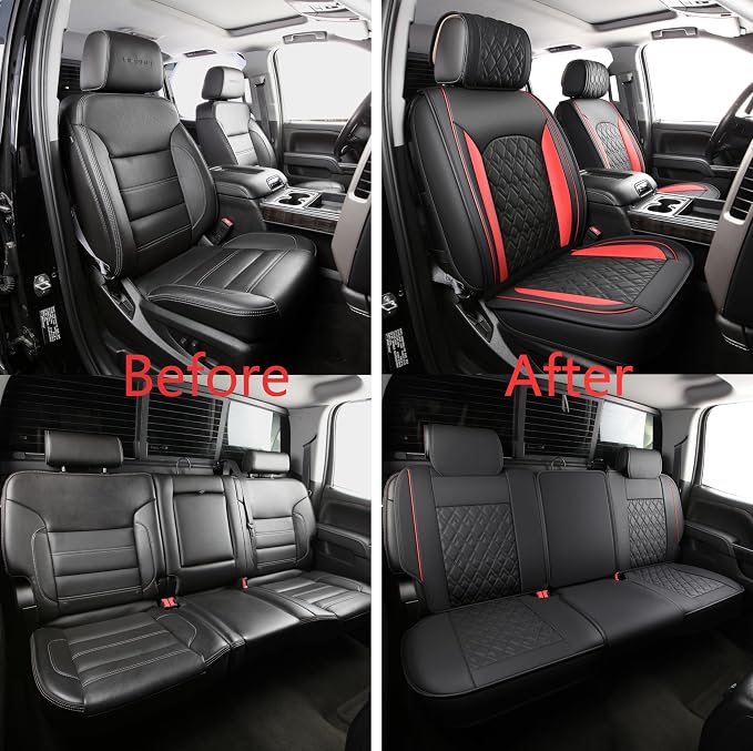 JOJOBAY Chevy Silverado Seat Covers,Leather Seat Covers for GMC Sierra,Custom Fit 2007-2026 1500 2500HD 3500HD Crew Double Extended Regular Cab,LT LZT RST Trail Boss(Full Set,Black Red) - Image 5