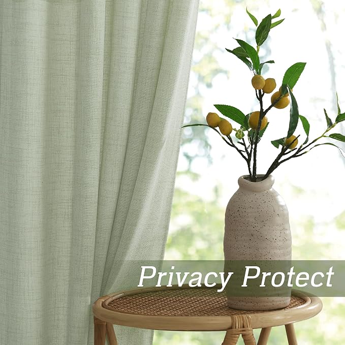 RYB HOME Linen Sheer Curtains 108 inches Long for Living Room | Breathable, Weave Textured, Rod Pocket, Semi Sheer, Sage Green, for Dining Room, W52 x L108, 2 Panels Set - Image 3