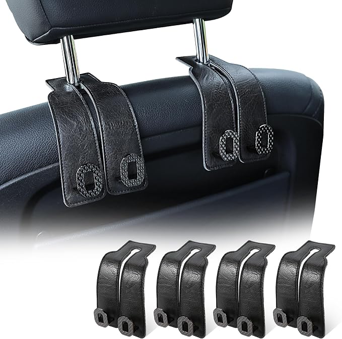 Car Headrest Hooks Universal Car Purse Hook Premium Leather and Alloy Twin Hook Car Seat Back Storage Hanger Hook for Purse Bags Cloth Drink Durable Holder Car Accessories (BH09-Black-Black-4 Pcs) by GELVTIC