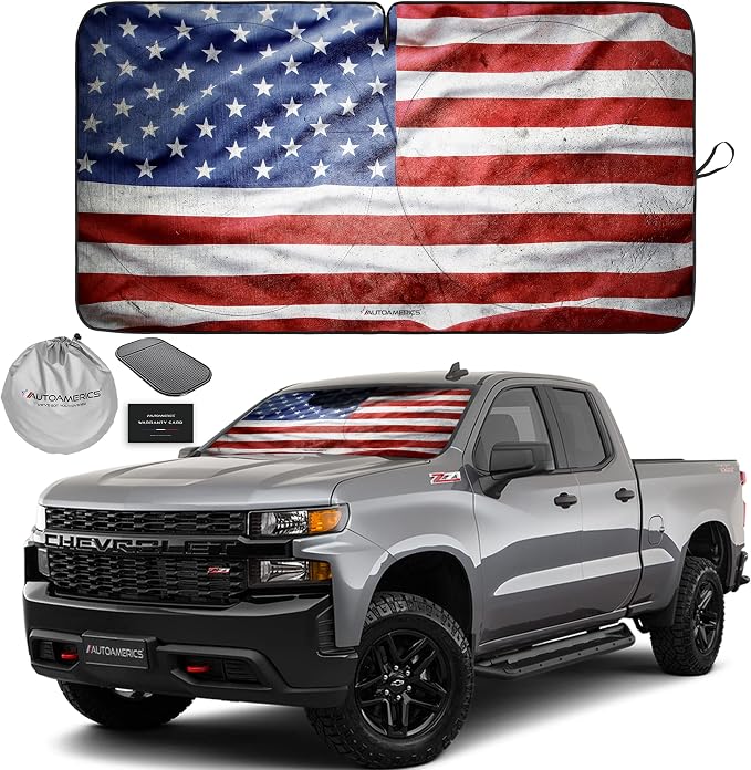 Autoamerics 1-Piece Windshield Sun Shade Grunge American Flag - 3 USA Design - Foldable Car Front Window Sunshade for Most Sedans SUV Truck - Blocks Max UV Rays and Keeps Your Vehicle Cool - Large by AutoamericsUS