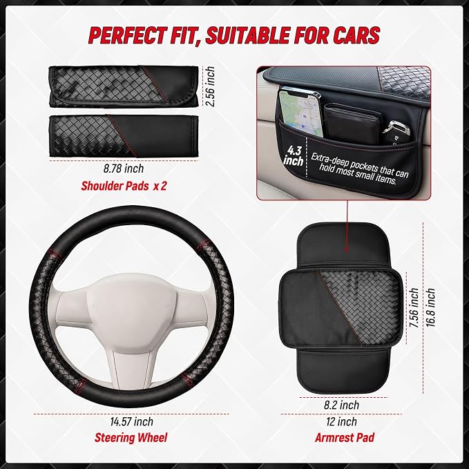 4 Pcs Black Leather Steering Wheel Cover Set - Center Console Armrest Pad, Seat Belt Shoulder Pads, Car Interior Accessories | Universal Fit 15 inch , Leather , Square Weave,with Side Storage Pockets - Image 3