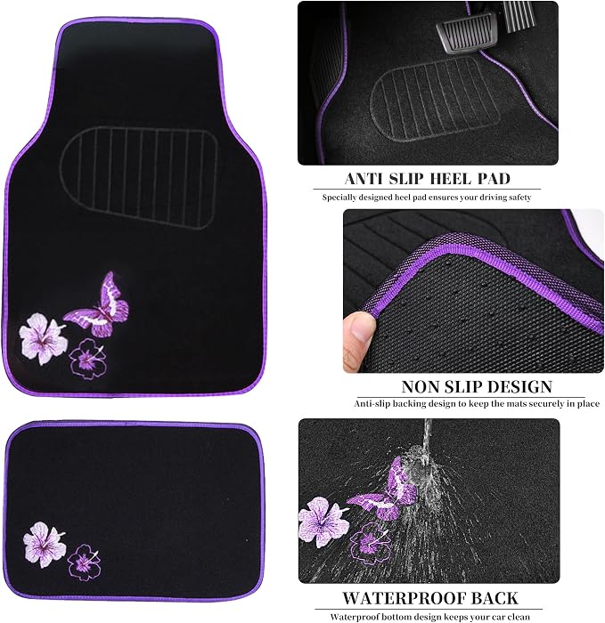 CAR PASS Butterfly Steering Wheel Cover and Waterproof Car Floor Mats,Purple Car Mats 14.5-15inch Steering Wheel Covers Universal Fit for Suvs,Sedans Cars,for Women Girl(Black and Purple) - Image 4