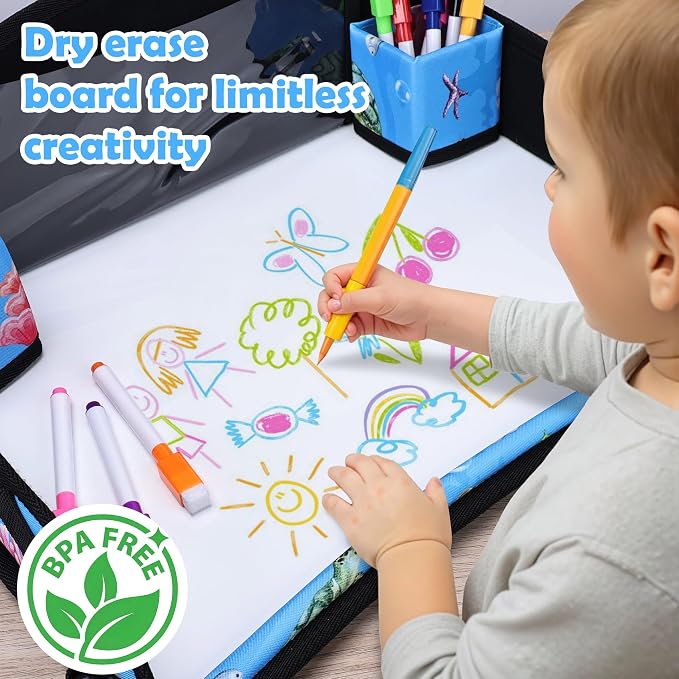 Toddler Car Seat Travel Tray FOR Road Trip Activities, Whale | Travel Tray With 16.7" x 13.4" Smooth Dry Erase Board, Cup holders, Ddjustable Strap & Shoulder Carry Strap - Image 3