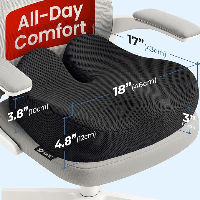 5 STARS UNITED Seat Cushion - Memory Foam Chair Cushion for Tailbone Pain Relief - Ergonomic Support for Coccyx, Sciatica & Butt - Office, Desk & Gaming Chair, Car Seat, Wheelchair, Black Mesh - Image 2