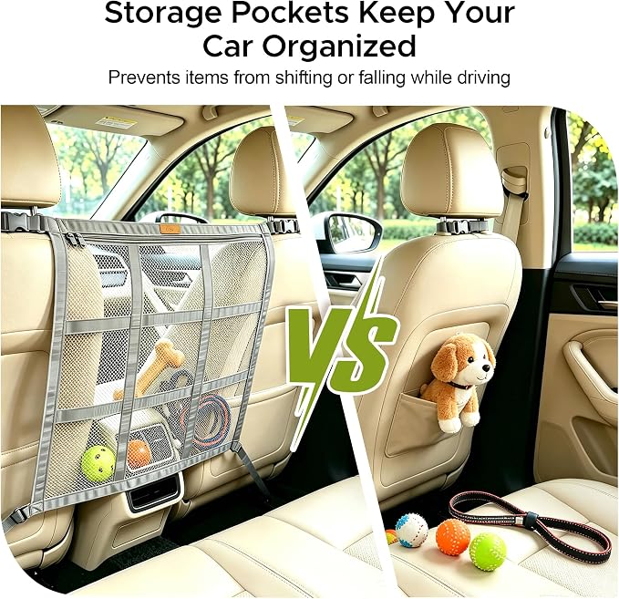 KINIVA Dog Car Barrier, Upgraded 22.4"x22.6" Pet Barrier for Cars, Heavy Duty Mesh Dog Net Between Front Seats, Double-Layer Pet Divider with Leather Logo, Universal Fit for SUV Sedan Trucks (Grey) - Image 6