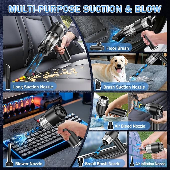 KMM Handheld Car Vacuum Cleaner, Hand Held Vacuum Cleaner & Air Duster | 16000PA Strong Suction, 120W High Power, Portable & Rechargeable, LED Light, Multi-Nozzles for Home, Car, Office, Pet - Image 6