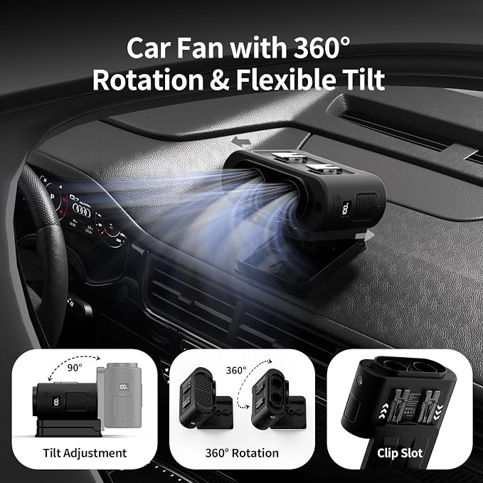 Socool Portable Car Fan - 14500mAh Rechargeable Battery Opearated, Clip on Car Seat Headrest 360 Rotatable, 5-Speed Backseat Fans for Baby Rear Facing Cooling with Dual Air Outlets for SUV RV Truck - Image 4