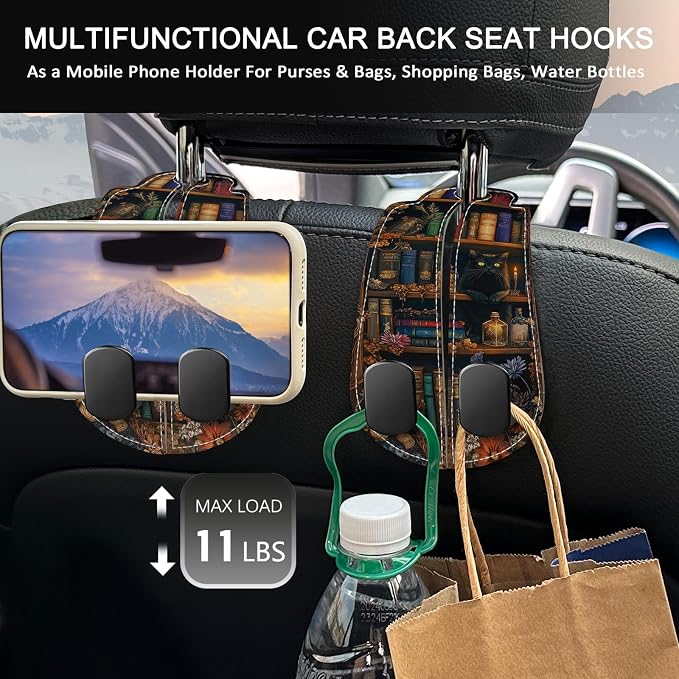 Blusabaca 2PCS Car Hooks for Purses and Bags, Goth Gothic Bookshelf Black Cat Seat Back Storage Headrest Holder Hanger PU Leather Double Metal Backseat Organizer, Women Car Accessories Organization - Image 3
