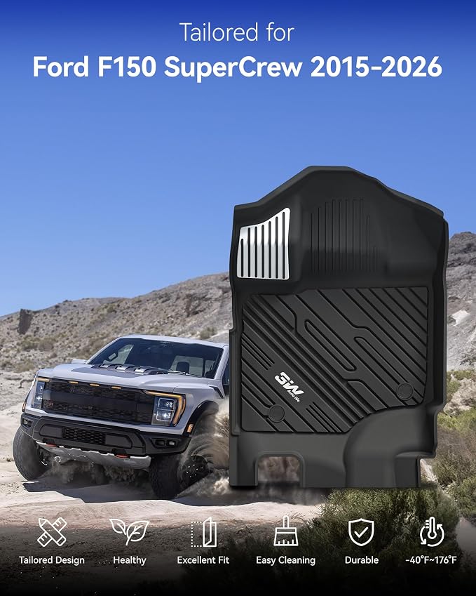 3W Floor Mats (with Metal Pedals) & Box Mat Fit for Ford F150 2015-2026 | F-150 Lightning 2022-2025 SuperCrew, TPE All Weather Car Mats Custom Fit Accessories - Image 2