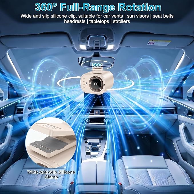 Car Clip On Fan,Portable Cooling Fan for Car with LED Display,360° Rotating Mini Fan,199 Speed Settings,USB Rechargeable 1500mAh Backseat Fan for Cars Without AC, Stroller,Office, Camping - Image 4