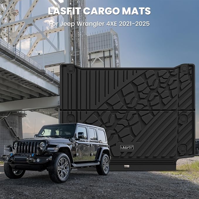 LASFIT Cargo Mat for Jeep Wrangler 4XE 2021-2025 4 Doors with Subwoofer | Plug-in Hybrid EV-Gas (PHEV), All Weather, TPE, Custom Fit, Trunk Mat, Cargo Liner, Black - Image 2