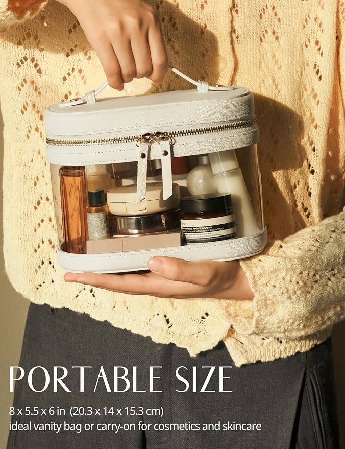 Clear Makeup Train Case Vanity Bag Make Up Travel Bag with Brush Holder, Compact Transparent Makeuo Bag for Traveling Leather Cosmetic Case Portable Travel Essentials Toiletry Organizer White - Image 4
