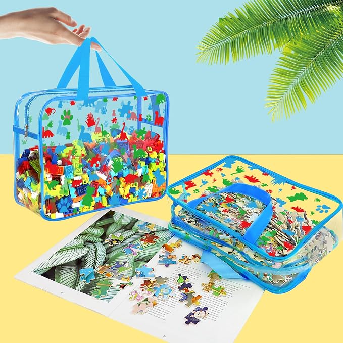 6 Packs Large Toy Storage Bags with Labels, Reusable Clear PVC Storage Bag, Travel Waterproof Organizer Bags (Blue-cute pattern) - Image 4