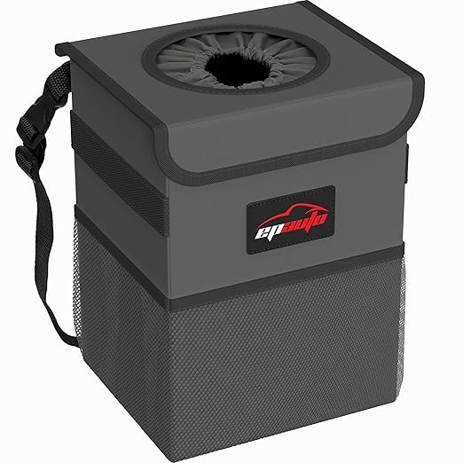 EPAuto Waterproof Car Trash Can with Lid and Pockets, 2.5 Gal, Dark Gray | Leakproof, Collapsible Multipurpose Car Bin with 3 Side Storage Pockets, Adjustable Straps by EPAuto