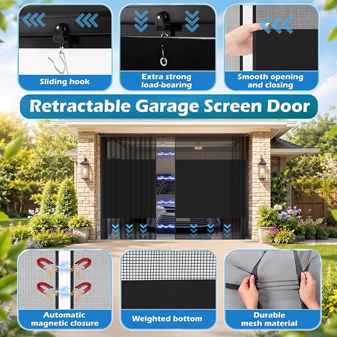 Frienda 12 x 7 ft Sliding Privacy Garage Door Screen 1 Car with Track Closure Retractable Magnetic Closure Heavy Duty Weighted Bottom Door Privacy Protection Curtain Keep Animals Out for Summer Garage - Image 4