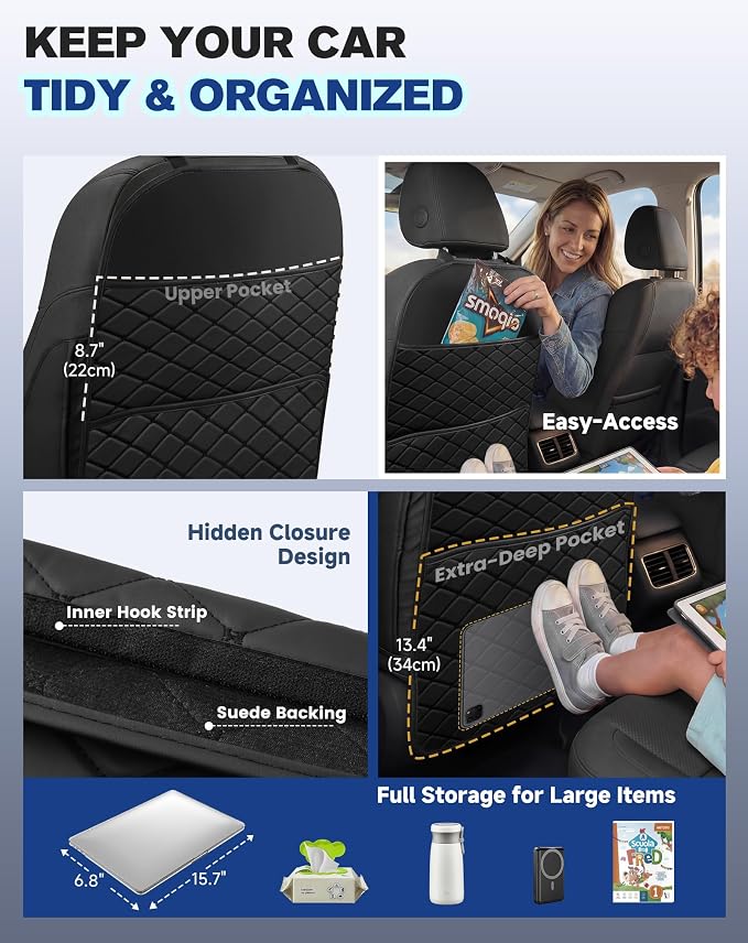 Seat Back Protectors for Kids, Car Kick Mats for Front Seats (Black) | With Large Pocket Organizer, Waterproof, Protects Against Dirt, Scuffs & Scratches, Fits Most Vehicles, 2PCS - Image 4