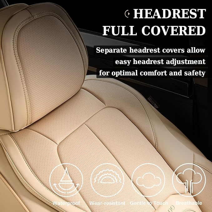 Coverado Car Seat Covers Full Set, Premium Nappa Leather Seat Covers for Car, Waterproof Car Seat Protector with Lumbar Support, Automotive Seat Covers Universal Fit for Most Cars SUV Truck(Beige) - Image 5