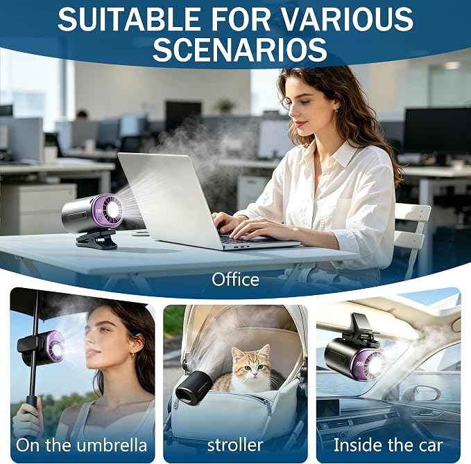 360 Rotating Semi-Cooling Clip Fan for Car, Mini Ac Unit for Car with 199 Speeds Adjustable USB Rechargeable Led Display, Portable Clip On Ac for Cars, Neck, Waist, Office, Stroller, Outdoor (Gray) - Image 6