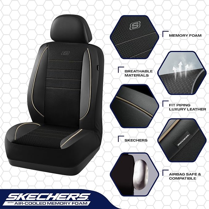 Skechers Air-Cooled Memory Foam Seat Cover, Mesh Thick Car Seat Covers,Piping Leather Car Seat Covers Front Seats, Airbag Compatible, Automotive Comfort for Most Cars, Vans, Trucks, SUV, Beige - Image 3