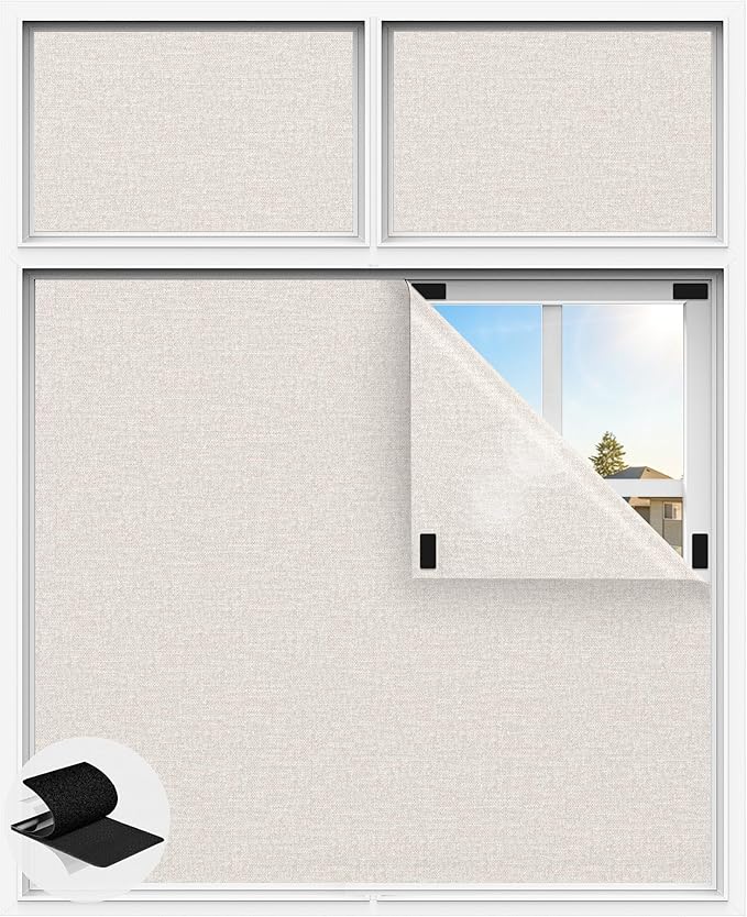 Linen Blackout Curtains for Bedroom, 70" x 58" Portable Blackout Blinds | 100% Blackout Window Cover with Hook&Loop Strip, Temporary Blackout Shades, Blackout Window Film for Nursery Travel RV- Cream by Tlany
