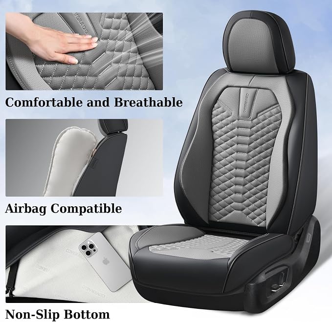 Coverado Seat Covers Full Set, Waterproof Nappa Leather Seat Covers for Cars, 5 Seats Universal Car Seat Protectors, Black and Gray Automotive Seat Covers Car Seat Cushions Fit for Most Cars - Image 5