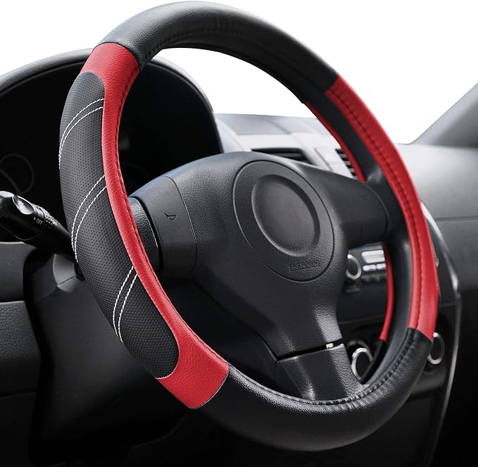 Elantrip Leather Steering Wheel Cover 15 1/2 to 16 inch Universal Large Grip Breathable for Car Truck SUV Jeep Anti Slip Black and Red by Elantrip