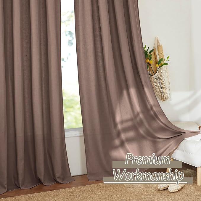 RYB HOME Linen Sheer Curtains 2 Panels for Living Room, Semi Transparent Privacy Drapes with Rod Pocket Farmhouse Style Window Treatments for Bedroom, Brown, 52" W x 102" L - Image 5