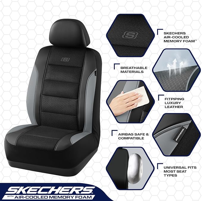 Skechers Aircooled & Memory Foam Seat Covers,Premium Leather with EVA Mesh Car Seat Covers,Seat Cover Full Sets,Airbag Compatible Automotive Comfort for Most Cars, Vans, Trucks, SUV,Grey - Image 3