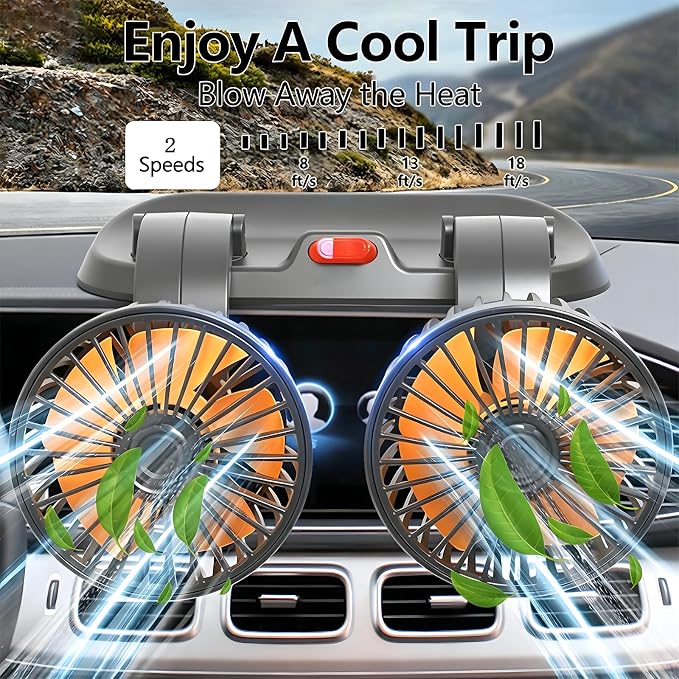 24V Dual Head Car Fan for SUV Truck RV, 2-Speed 360° Rotate | Cigarette Lighter Powered，Dual-head independent 360° rotation，2-speed turbo airflow，24V universal compatibility - Image 9
