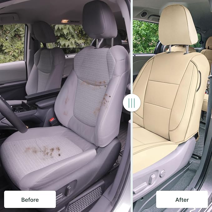FH Group Custom Fit Car Seat Covers Specifically Made for 2011-2020 Toyota Sienna 7 Passenger, Car Seat Cover Front Set, Automotive Seat Covers in Solid Beige Faux Leather, Waterproof and Washable - Image 3