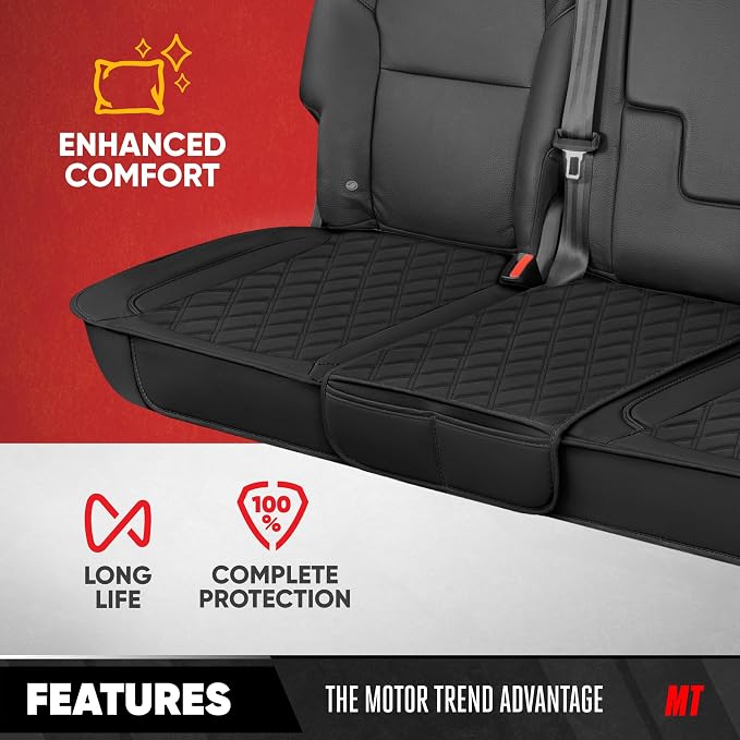 Motor Trend Rear Seat Cushion - Black Diamond Stitched Faux Leather Rear Seat Cover for Cars, Trucks, SUVs - Padded, Waterproof, Non-Slip Back Seat Cover with Storage Pockets - Image 2
