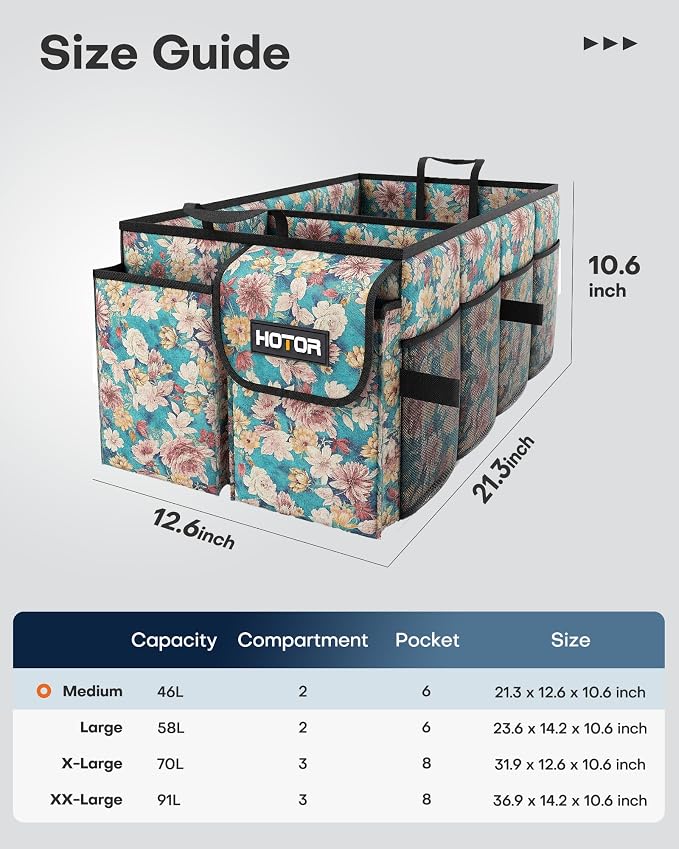 HOTOR Trunk Organizer - Foldable Car Organizer for SUVs & Sedans Storage | Sturdy Car Organization for Men & Women, Car Accessories Tools, Sundries, Blue Flower, 2 Compartments, 21.3" x 12.6" x 10.6" - Image 2