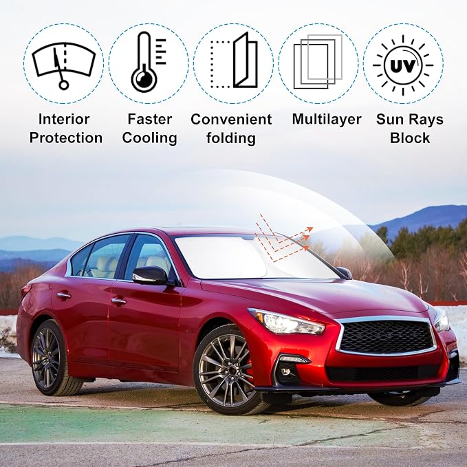 Front Windshield Sun Shade Foldable Car Front Window Sun Shade Windshield Shade Custom Fit for 2014-2024 Infiniti Q50 Block UV Rays Car Accessories Heat Keep Cooler - Image 3