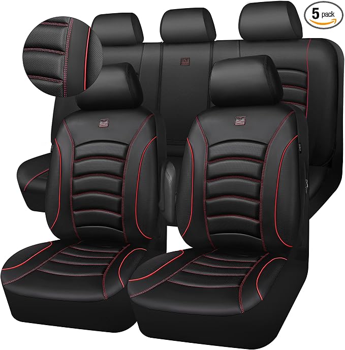 CAR PASS 3D Foam PU Leather Car Seat Covers, Universal Seat Covers Full Sets for Trucks SUV Sedan Automotive Seat Covers Armrest Airbag Compatible Waterproof Comfortable Faux Nappa Leather Black Red by CARPASS
