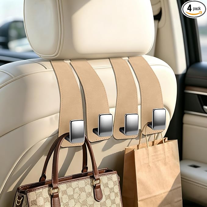 Amooca 4 Pack Car Headrest Hooks, Premium Suede with Metal Hook Car Seat Back Storage Hanger for Purses, Handbags，Grocery Bags - Beige by Amooca