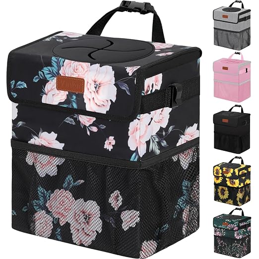 Vankor Car Trash Can with Lid Leak Proof Car Accessories for Women | 3 Gallon Cute Hanging Car Trash Bin for Men Car Truck Vehicle Sedan Interior Automotive Garbage Cans, Black Floral by Vankor