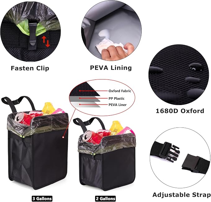 Ginsco 3 Gallons Open-Top Car Trash Can, Large Capacity Hanging Leakproof Car Trash Bag with Water-proof PEVA Liner, Stand Trash Bag for Cars Foldable Storage Bag for Cars SUV Truck RV Black - Image 6