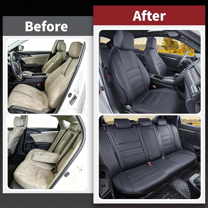 HKZ Custom Fit Civic Seat Covers for Honda Civic Sedan 2016 2017 2018 2019 2020 2021 LX (Not for LX-P)- 5-Seats Leather Full Set,Black - Image 5