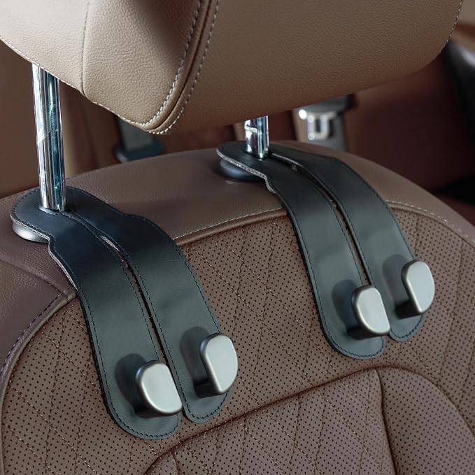 CoBak Purse Hook for Car - Universal Premium Stitched Leather and Aluminum-Magnesium Alloy Double Car Seat Back Storage Hook for Purses, Handbags, Bags (2 Pack),Black by PopulartabletcasebrandWegivepeoplethebestdesignofprotectingvariouselectronicdevices