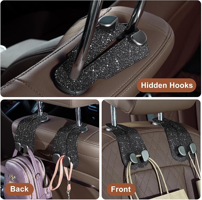 CoBak Purse Hook for Car - Universal Premium Stitched Leather and Aluminum-Magnesium Alloy Double Car Seat Back Storage Hook for Purses, Handbags, Bags (2 Pack),Glitter Black - Image 4