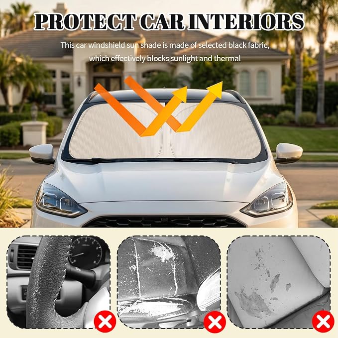2026 New Thickened Car Windshield Sun Shade Foldable with Beige Checkered Design,Car Sun Shade Windshield with Storage Bag for Interior Cool,59"×31" Suns Shades for Cars Windshields - Image 4