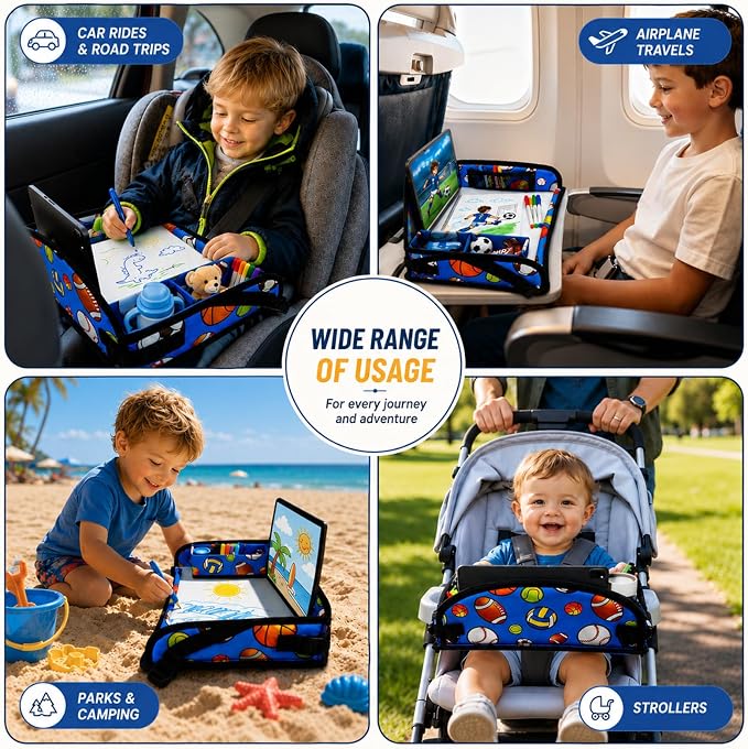 Kids Travel Tray for Car Seat, Toddler Car Seat Activity Tray, Kids Carseat Lap Table, Road Trip Essentials for Airplane, Lap Desk for Kid Roadtrip Activities, Sports Balls - Image 3