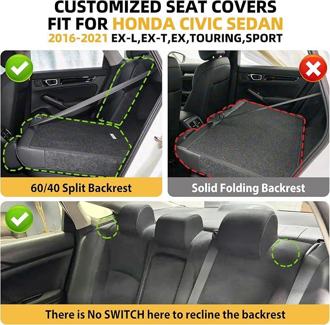 Lolcar Custom Fit Civic Seat Covers for Honda Civic Sedan 2016 2017 2018 2019 2020 2021 EX,EX-L,EX-T,Touring,LX-P,Sport - 5-Seats Leather Full Set，Burgundy(60/40 Split Seatback-with Rear Armrest) - Image 2