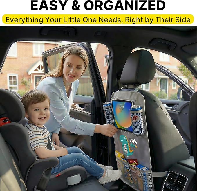 Backseat Car Organizer for Kids, Car Seat Organizer with 11” Touch Screen Tablet Holder, Rear Seat Storage Bag with Drink Pockets, Anti-Kick Seat Back Protector for Travel (Gray Dinosaur) - Image 4