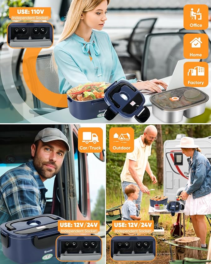 Electric Lunch Box Food Heater 80-100W, Food Warmer with Dual Container 1.5L Portable Heated Lunch Box for Car Truck Work Stainless Steel Fork & Spoon 12/24/110V for Adults Lonchera Eléctrica - Image 2