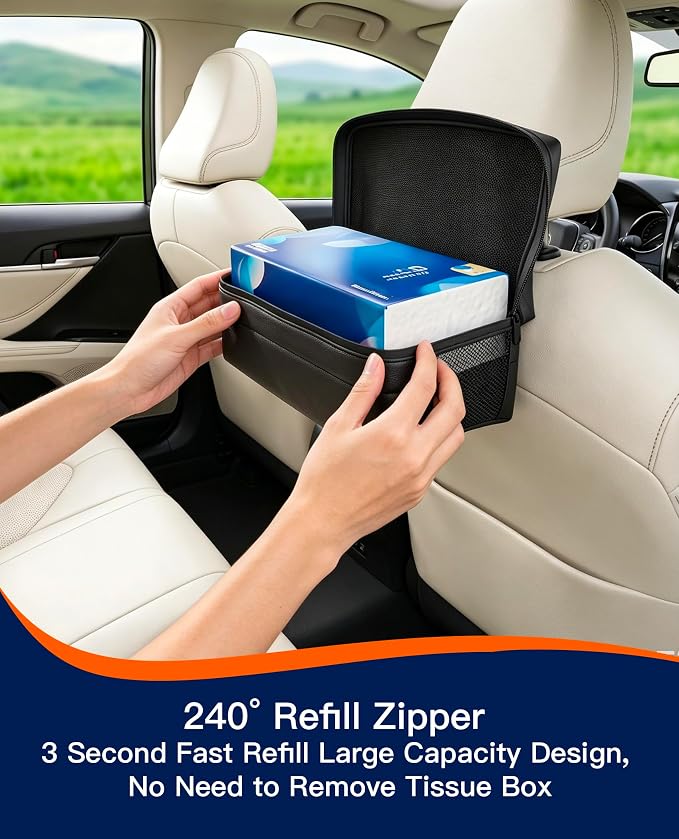 Large Car Tissue Holder PU Leather Organizer with 2 Mesh Pockets | Rectangle Tissue Box Cover for Headrest, Backseat & Armrest, Smooth-Pull Metal Opening Fits 120-160 Count Napkins - Image 5
