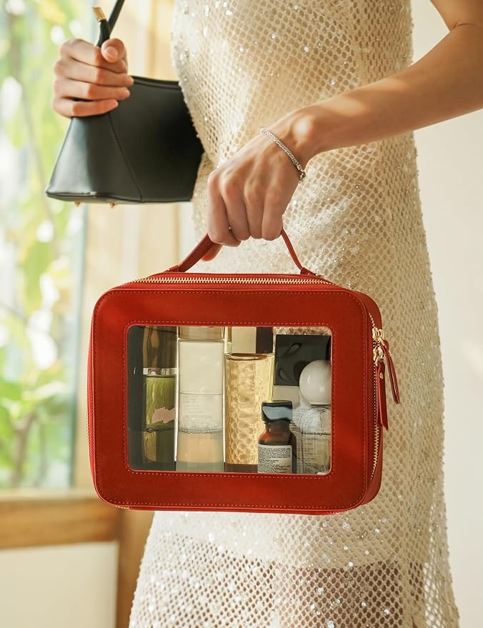Clear Toiletry Bag 2 Pack, Travel Makeup Bag Medium and Large Red | Structured Clear Cosmetic Case with Zipper, Car Essential Organizer Bag for Women, Waterproof PU Leather, Wide Open Portable - Image 4