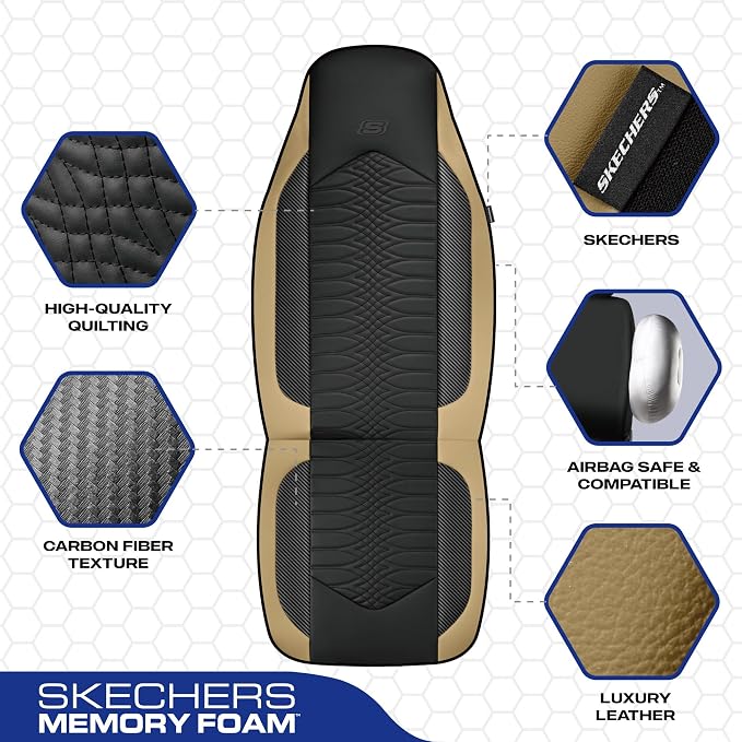 Skechers Memory Foam Car Seat Covers, Leather High Back Seat Covers Quilting Design,Waterproof Sports Car Seat Covers Full Sets,Airbag Compatible, Universal Fit for Most Cars, SUVs,Trucks,Beige - Image 3