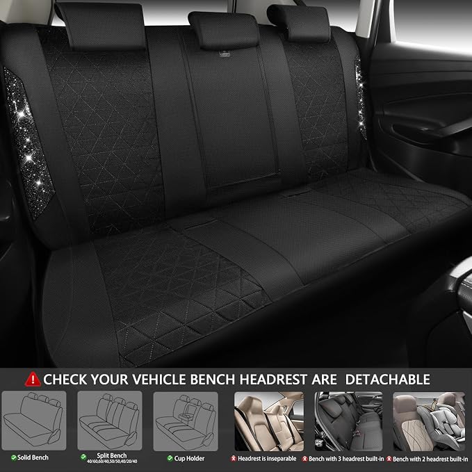 CAR PASS Oxford Bling Diamond Car Seat Covers Full Set Interior Sets, Waterproof Shining Glitter Sparkly Crystal Universal Armrest Fit 95% Automotive Truck SUV Cute Women Girl, All Black Rhinestone - Image 4
